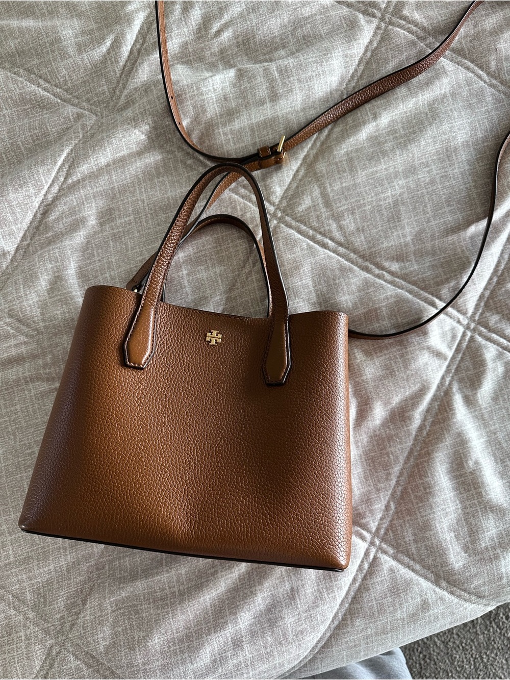 Tory Burch Pebbled Leather Mini Tote in Brown with Gold Logo